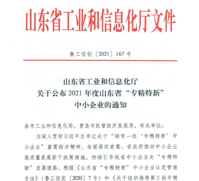 喜報(bào)！熱烈祝賀我司通過山東省“專精特新”中小企業(yè)審核